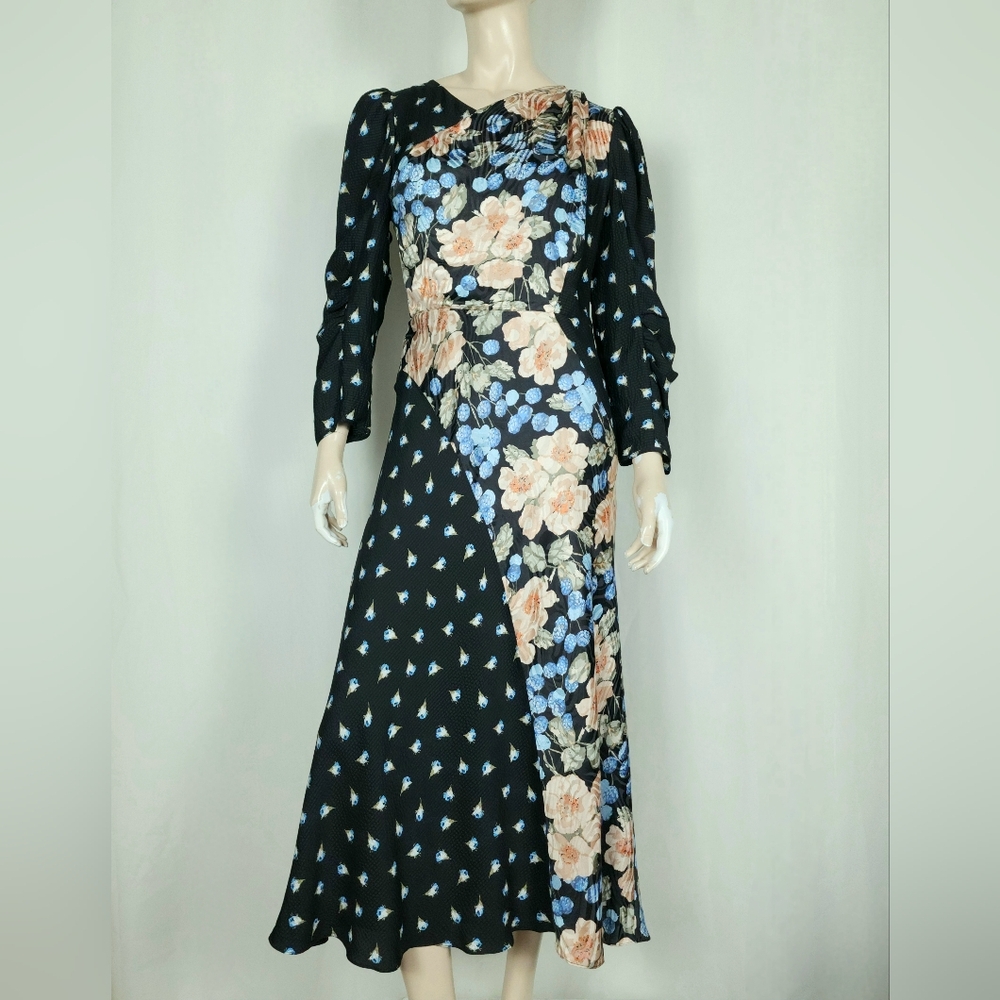 Rebecca Taylor Silk Long Sleeve Print Mix Floral Dress Black 8